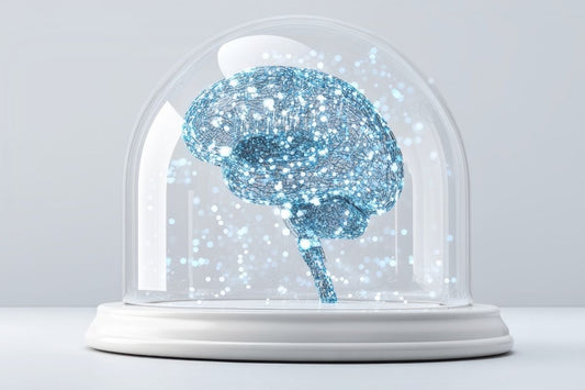 Digital brain under protective glass dome symbolizing Axis BioLabs lithium orotate’s neuroprotective support for long-term nervous system health