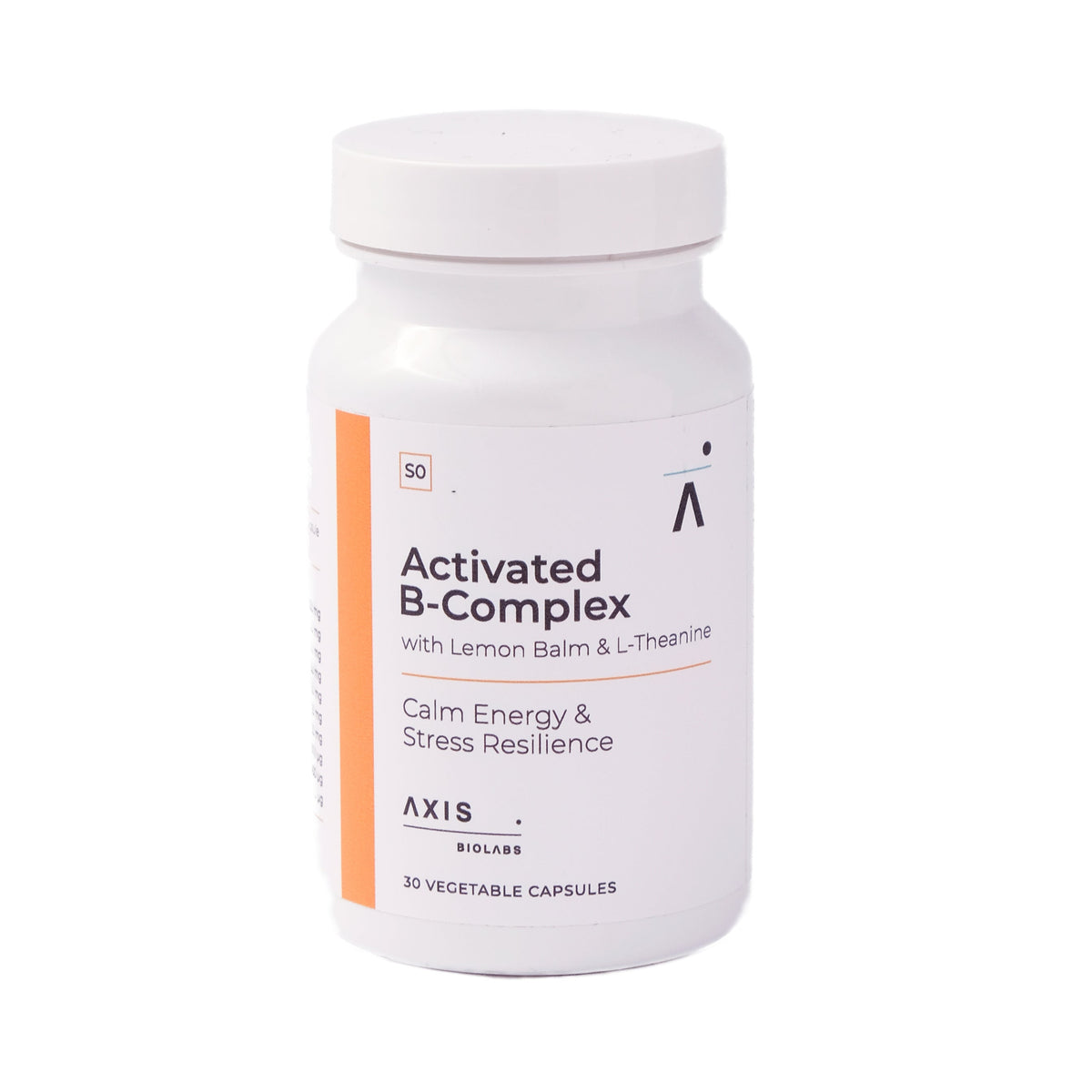 A white plastic bottle of Axis BioLabs Activated B-Complex dietary supplement capsules, featuring a clean white label with orange and black text and a white cap, set against a plain white background.