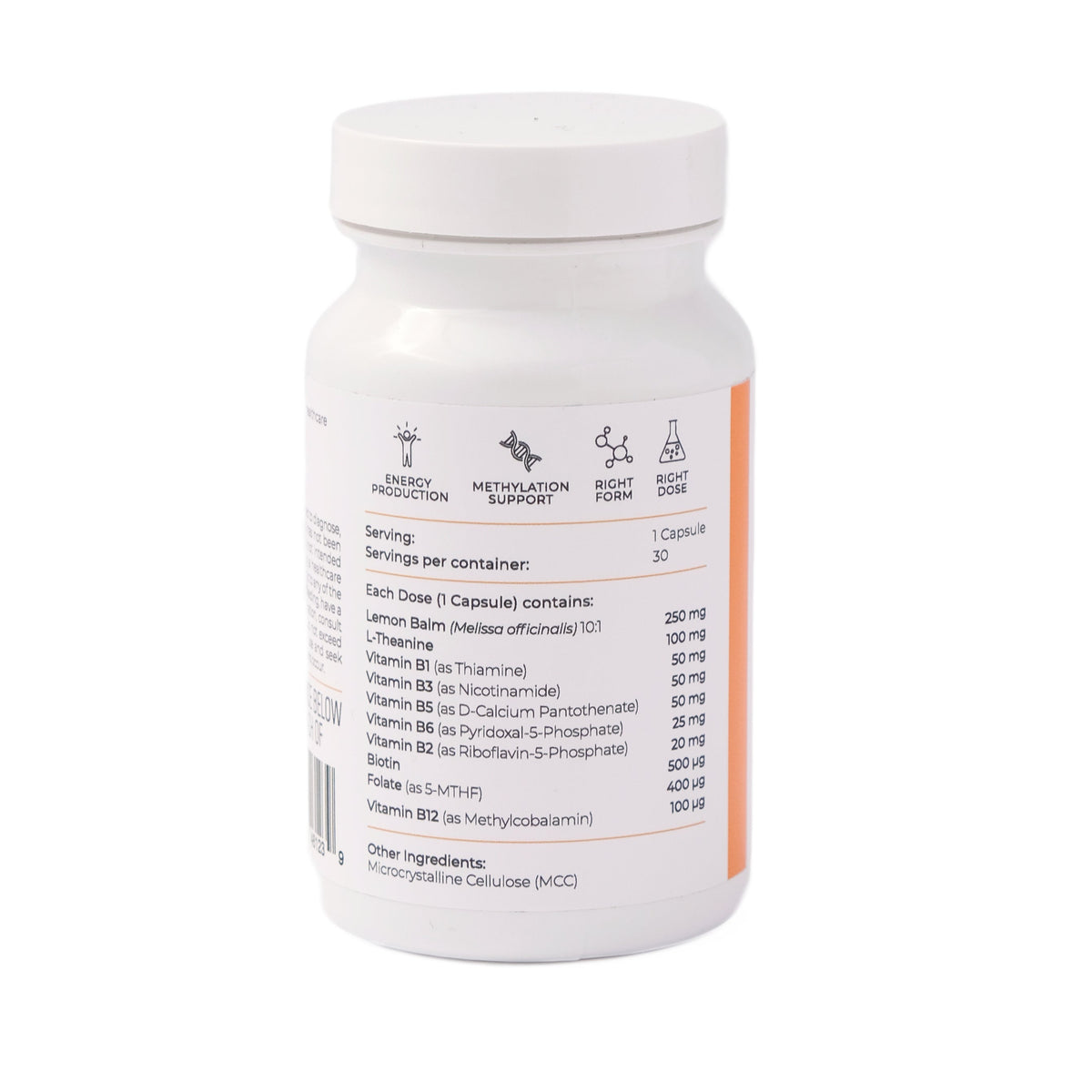 A white plastic Axis BioLabs Activated B-Complex supplement bottle with a white cap, showing the back label with ingredient panel and icons, on a clean white background.