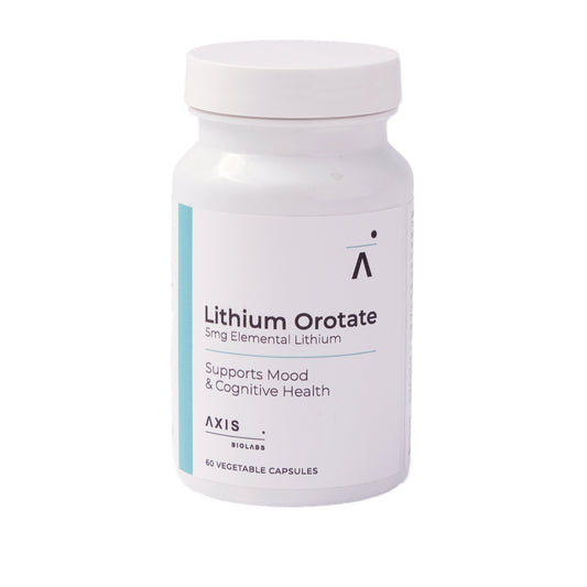 A white plastic bottle of AXIS BioLabs Lithium Orotate dietary supplement, featuring a white cap and a label with a light blue vertical stripe on the left side.
