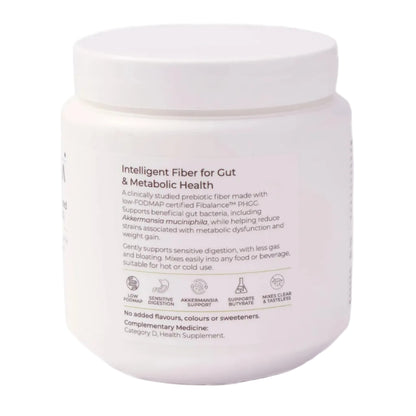 A white plastic tub of Axis BioLabs PHGG, Intelligent Fiber for Gut & Metabolic Health dietary supplement, shown against a plain white background.