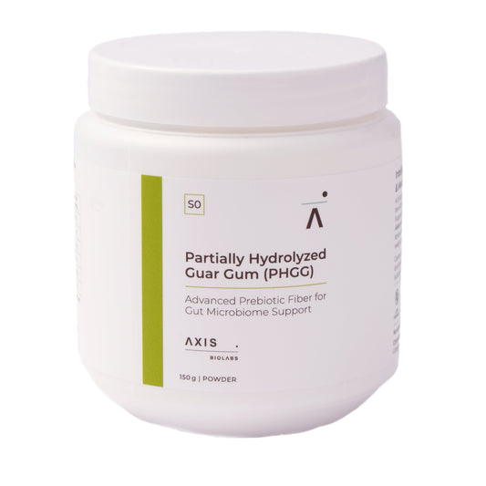A white plastic jar of Axis BioLabs Partially Hydrolyzed Guar Gum (PHGG) prebiotic fiber, featuring a white lid and a label with a vertical green stripe and black text