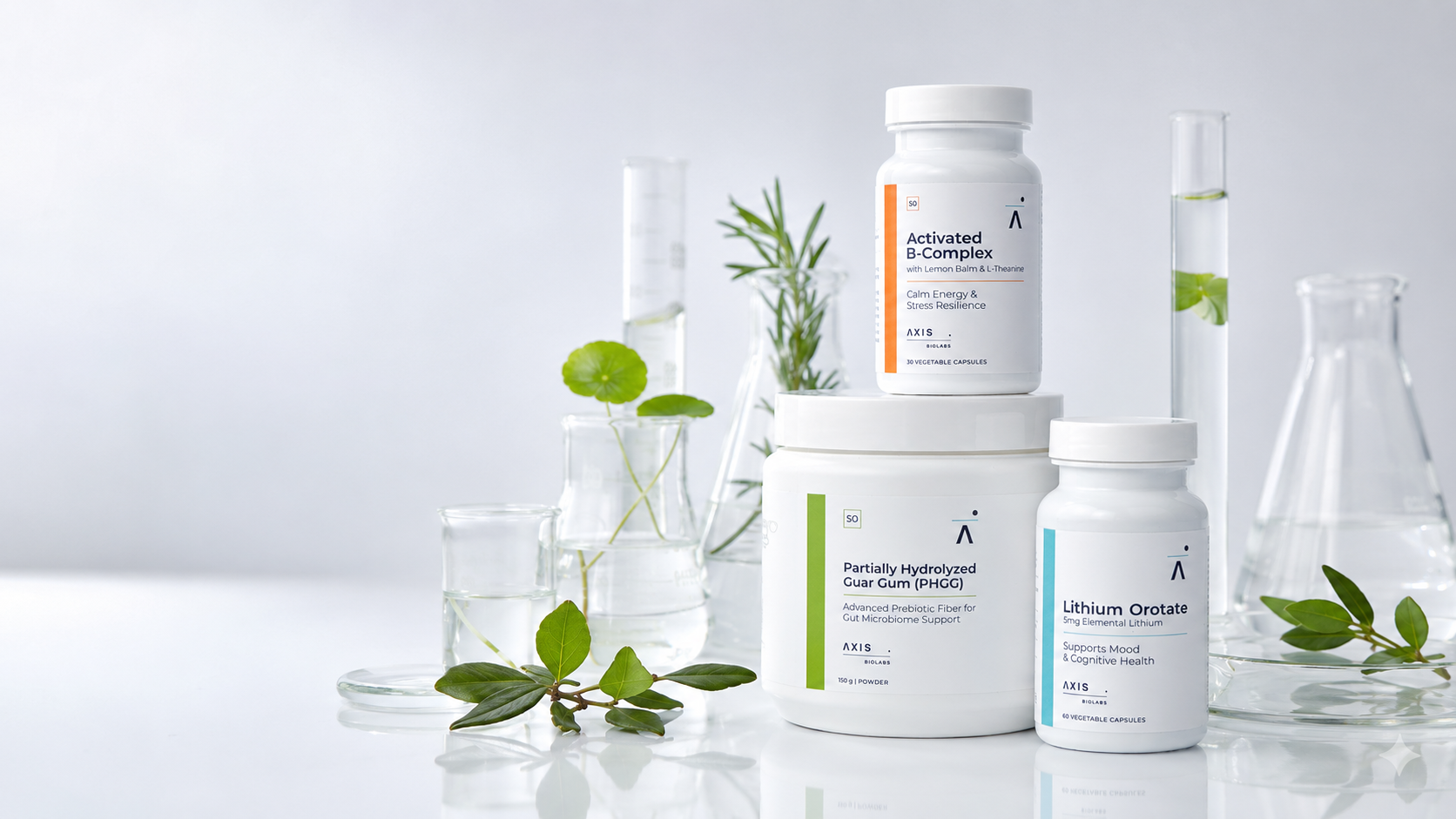 Lab equipment and Axis BioLabs Products on a glass counter