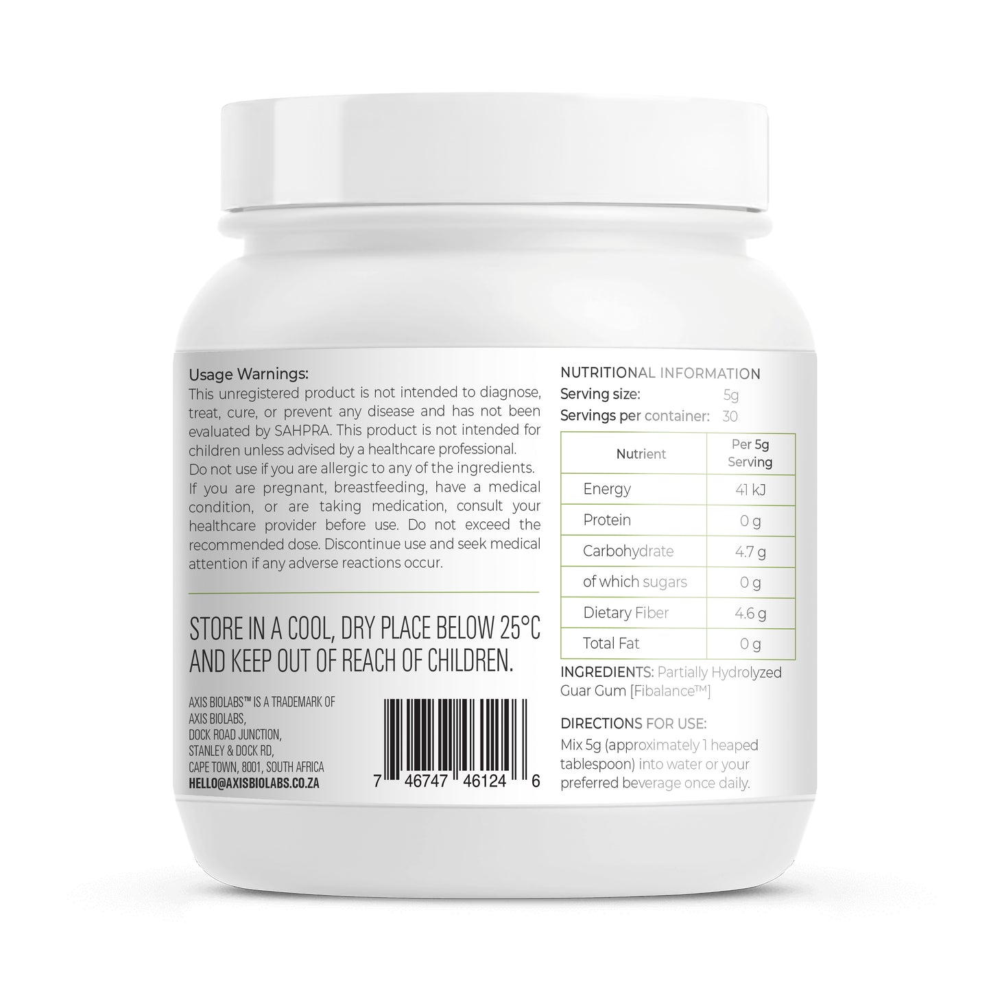 Axis BioLabs PHGG prebiotic fiber supplement container back label with nutrition facts