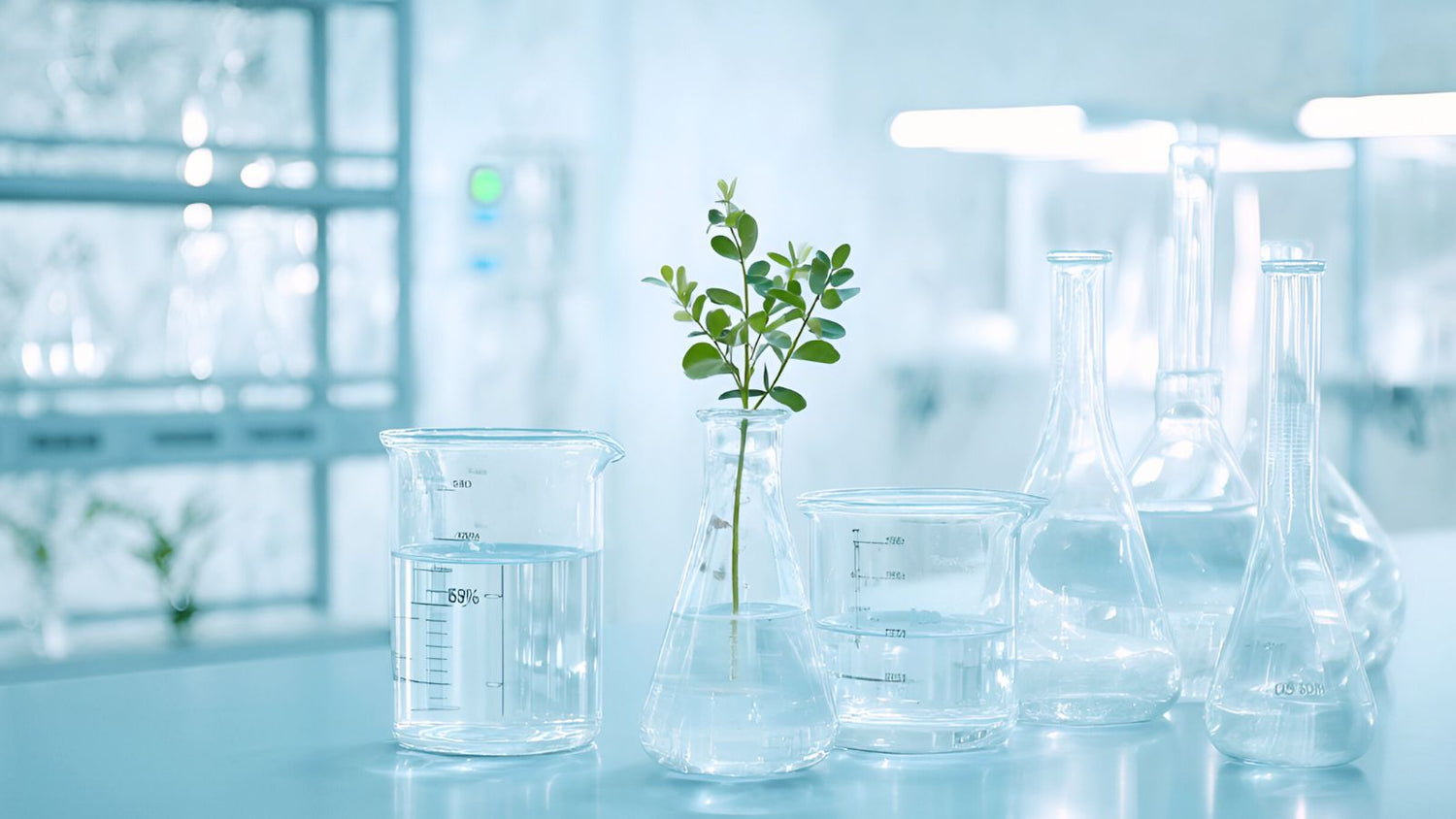 Laboratory glassware with green plant symbolizing Axis BioLabs’ clinically tested, GMP-certified supplement quality.